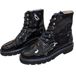 Stuart Weitzman Mila Black Patent Combat Boots Size 6.5